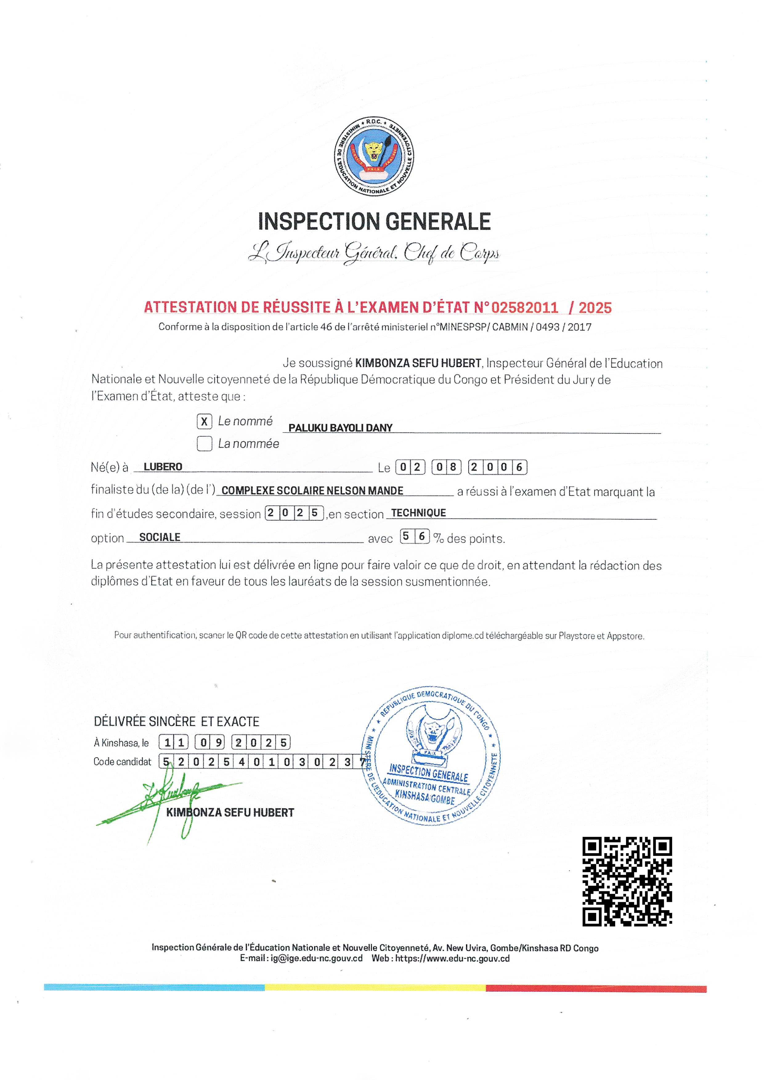 Attestation de PALUKU BAYOLI DANY